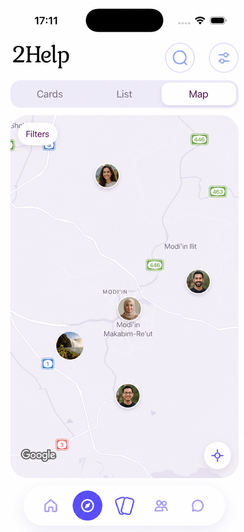 2Help map showing nearby requests and offers