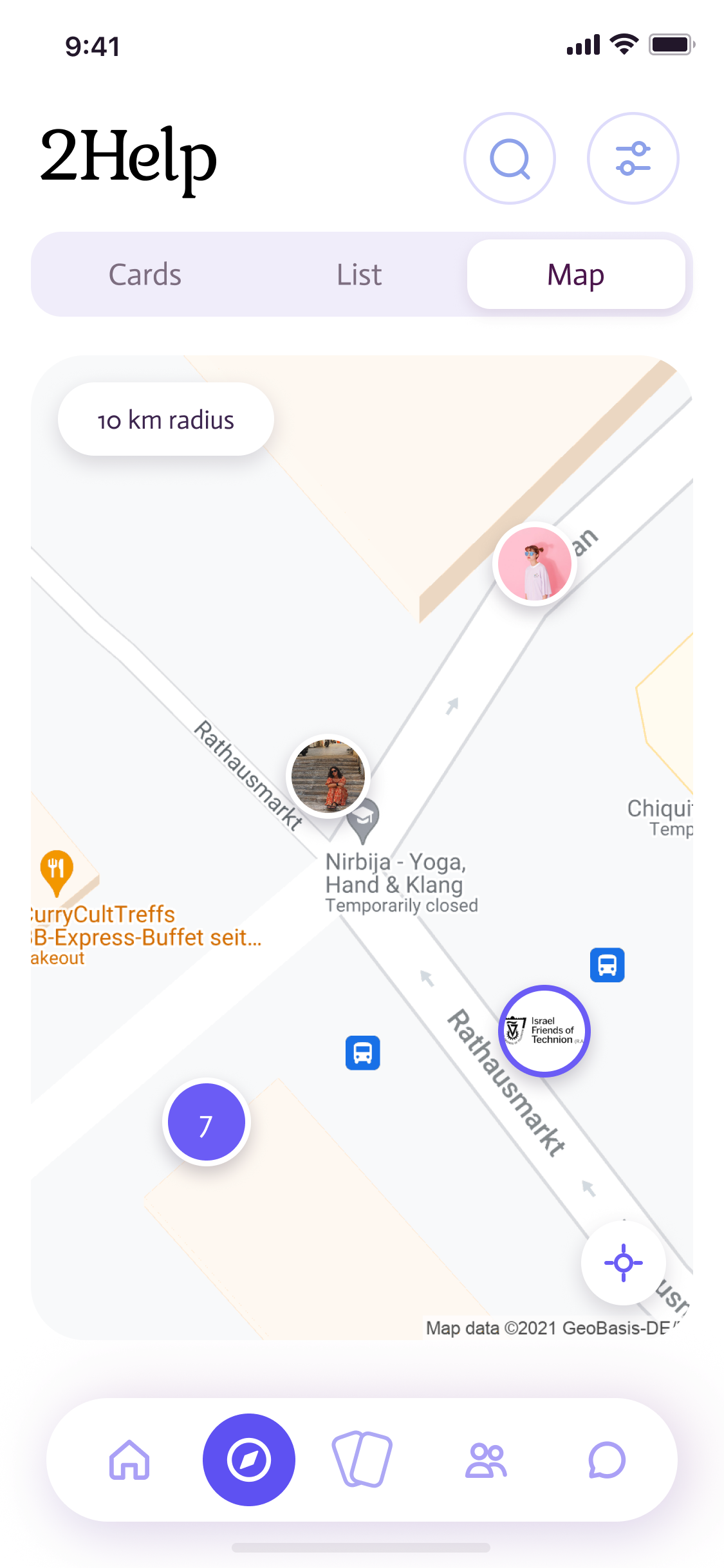 2Help map showing nearby people and requests