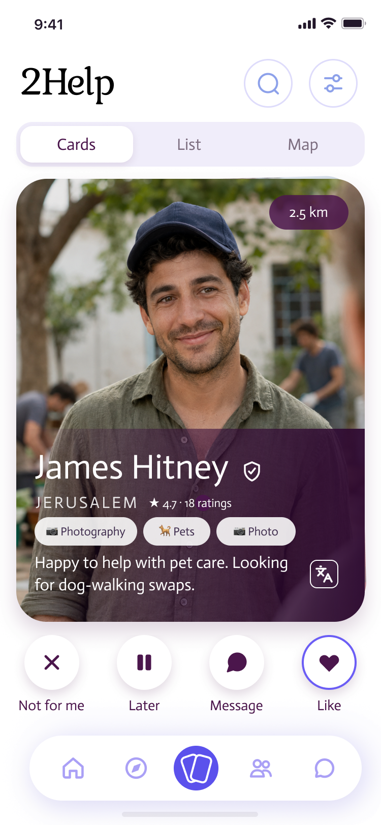 2Help matching screen with a person’s requests and offers