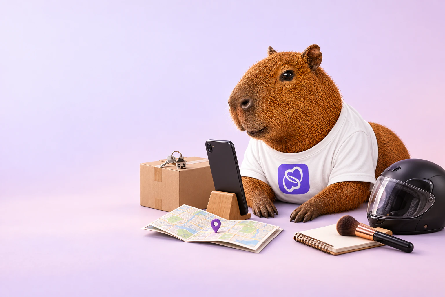 The 2Help capybara mascot with objects representing moving, local guidance, motorcycle help, and professional services